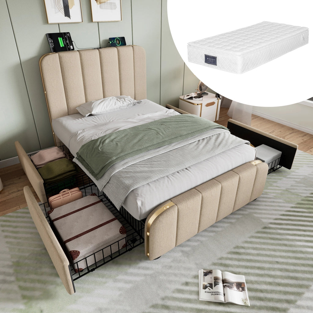 Letto singolo imbottito 90x200 cm beige con 4 cassetti