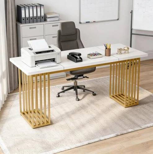 Scrivania da ufficio classica bianca e oro 180x79x78 cm per computer e lavoro