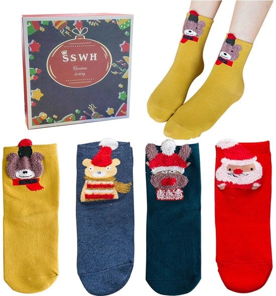 Calze di Natale in Cotone - Disegno di Cartone con Animali - Ideali per le Feste - 4 Pair - Regalo Perfetto per Donna