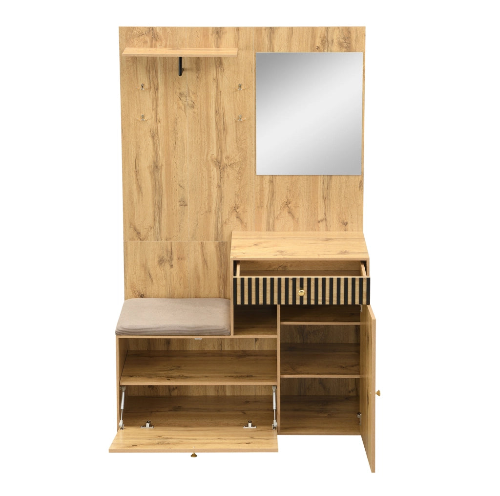Mobile ingresso con specchio, seduta e appendiabiti MDF
