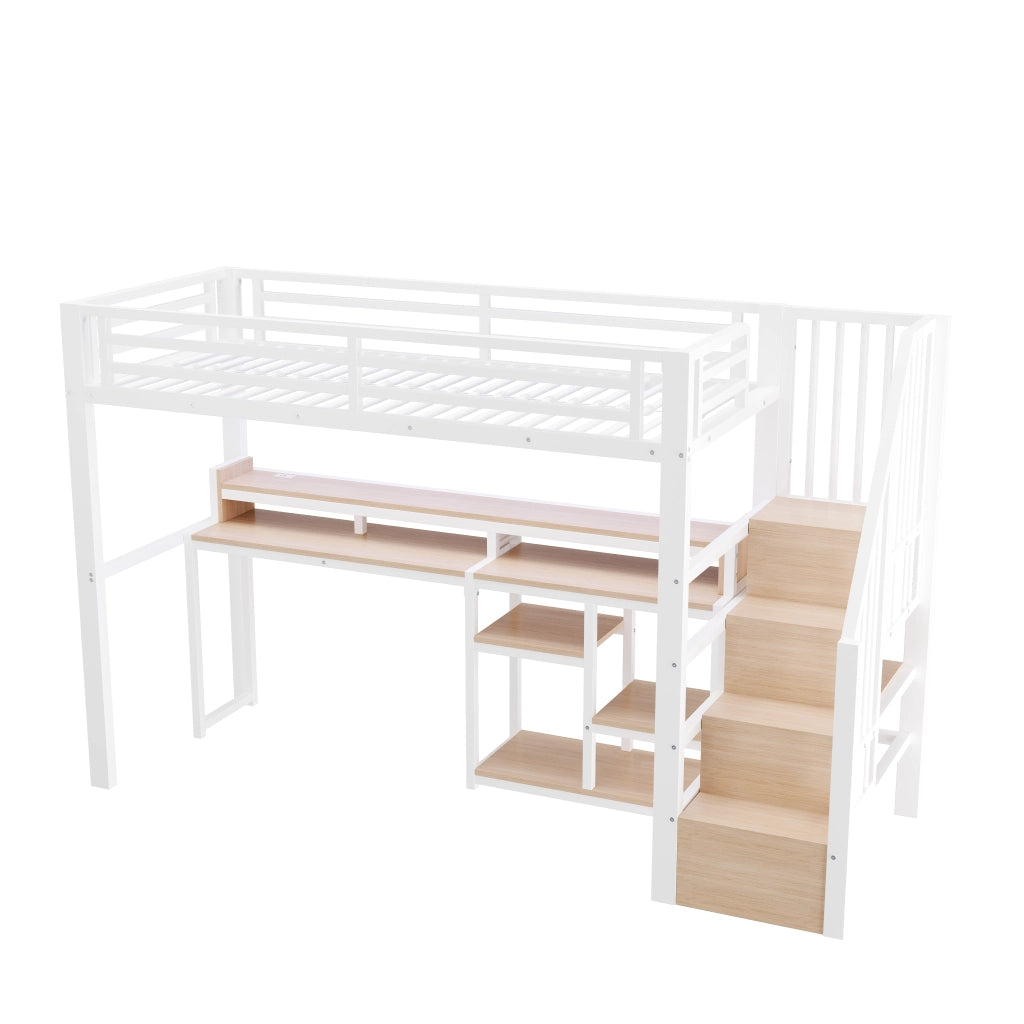 Letto a Soppalco 90 x 200 cm - USB, Type-C, LED e Ripiani - Bianco