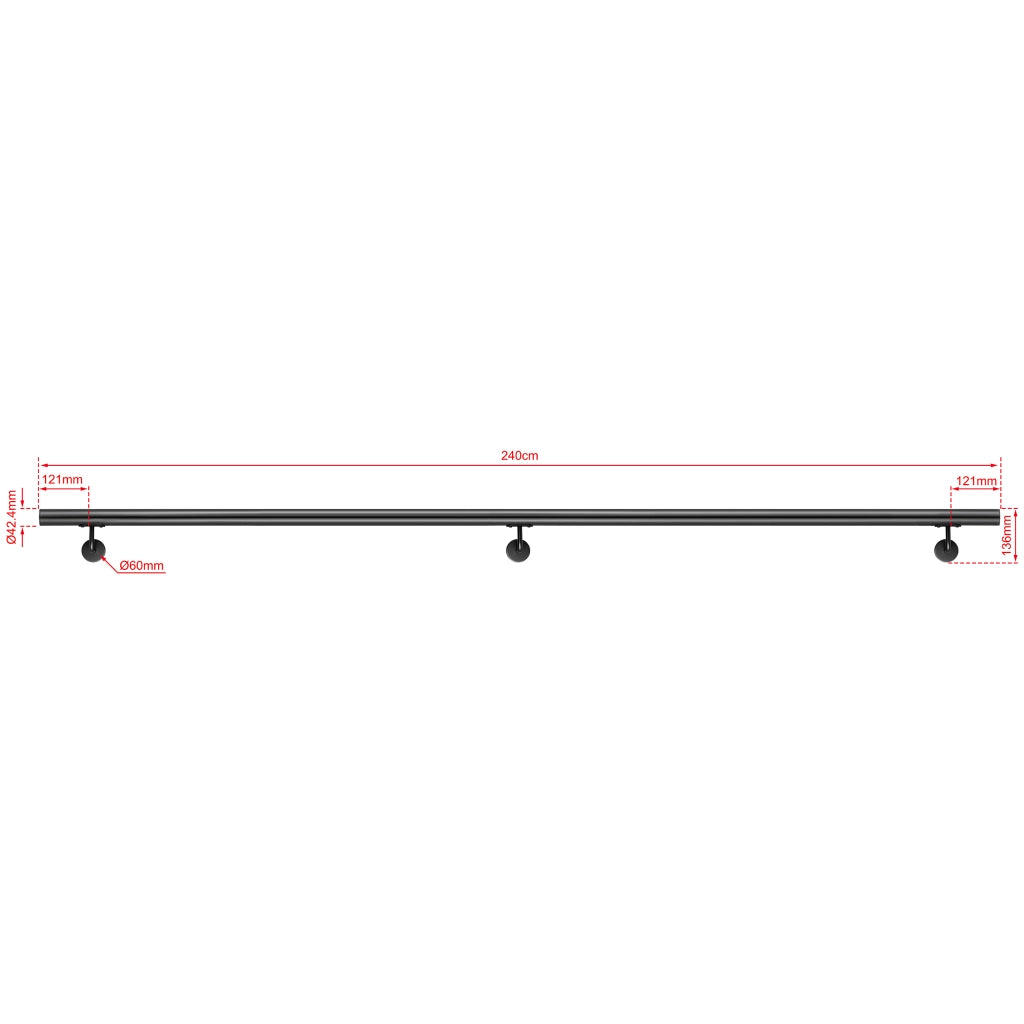 Corrimano a parete in acciaio kit inox AISI 304 nero , Lunghezza 240 cm, Ø 42,4 mm, uso interno ed esterno
