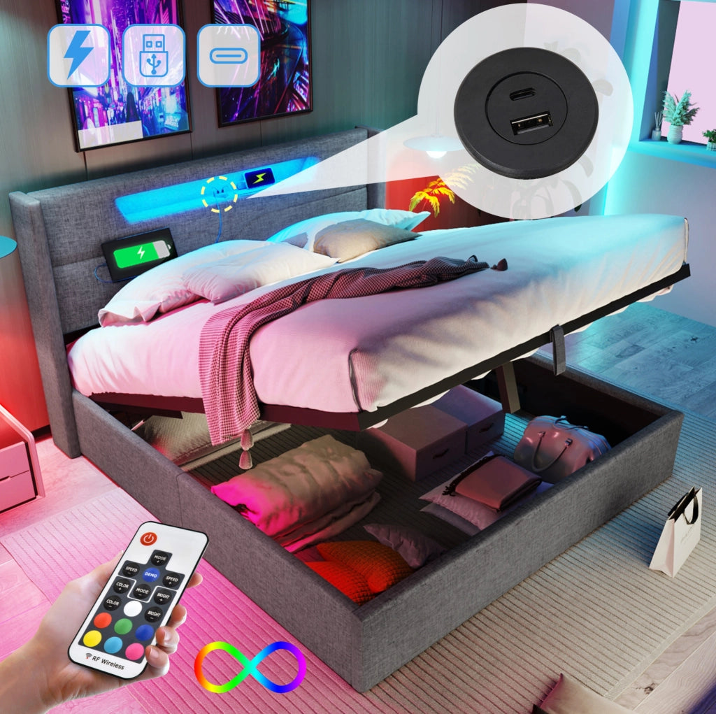 Letto imbottito con contenitore LED, ricarica USB e Tipo C 140 x 200 cm