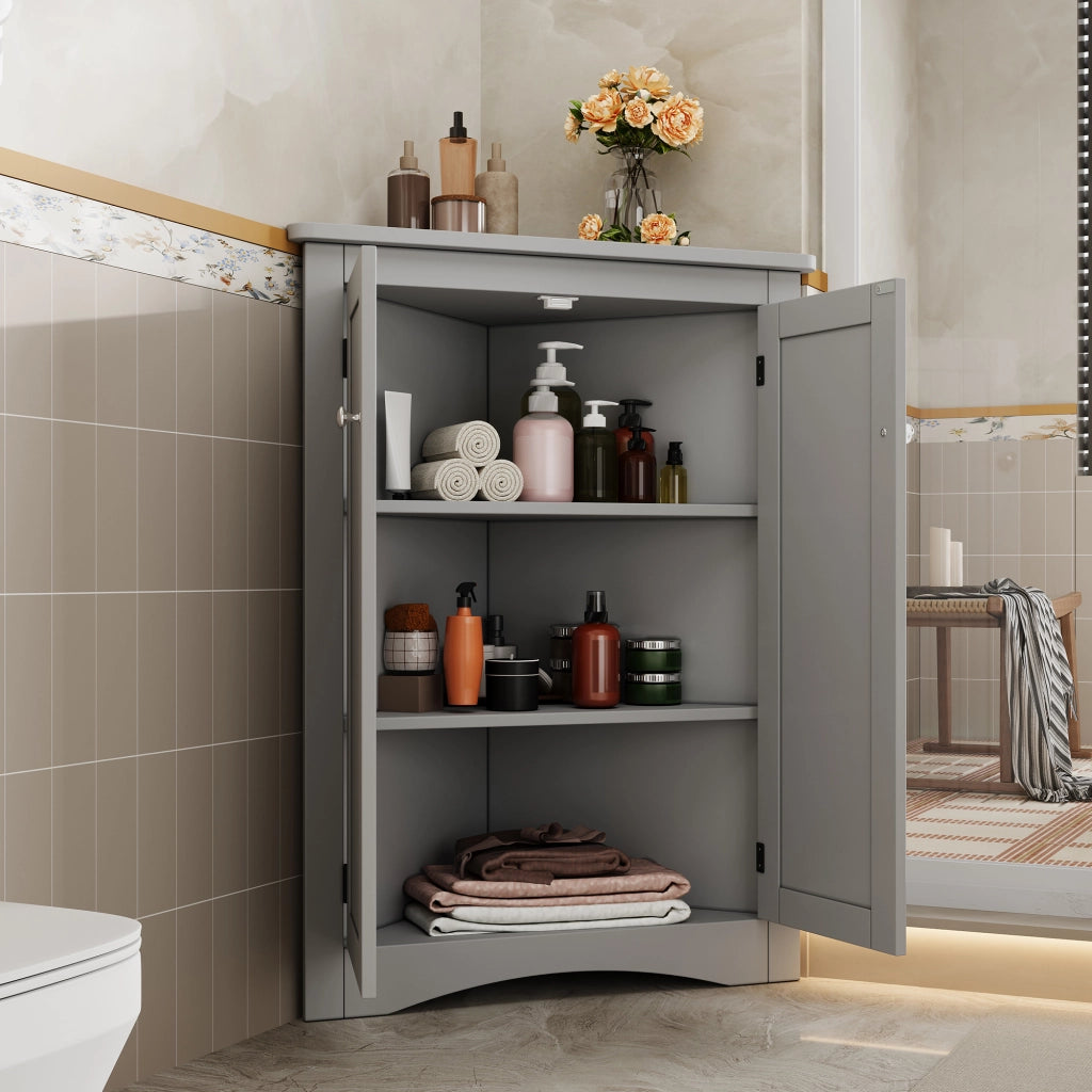 Armadio da bagno angolare con 2 ante, 2 ripiani e 3 vani, in MDF laccato grigio, per bagno e cucina, 61,5 × 80 cm