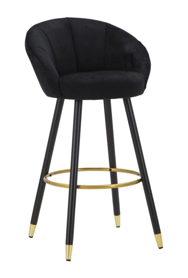 Sgabello Bar Prague in Velluto Nero e Legno - 55x56x104 cm - Gambe con Dettagli Dorati e Poggiapiedi Circolare, Stile Glam Elegante