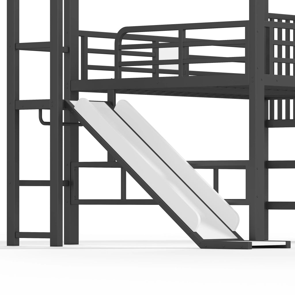 Letto a soppalco 140 × 200 cm con scivolo scala con ripiani e LED Bluetooth in MDF e metallo nero per bambini