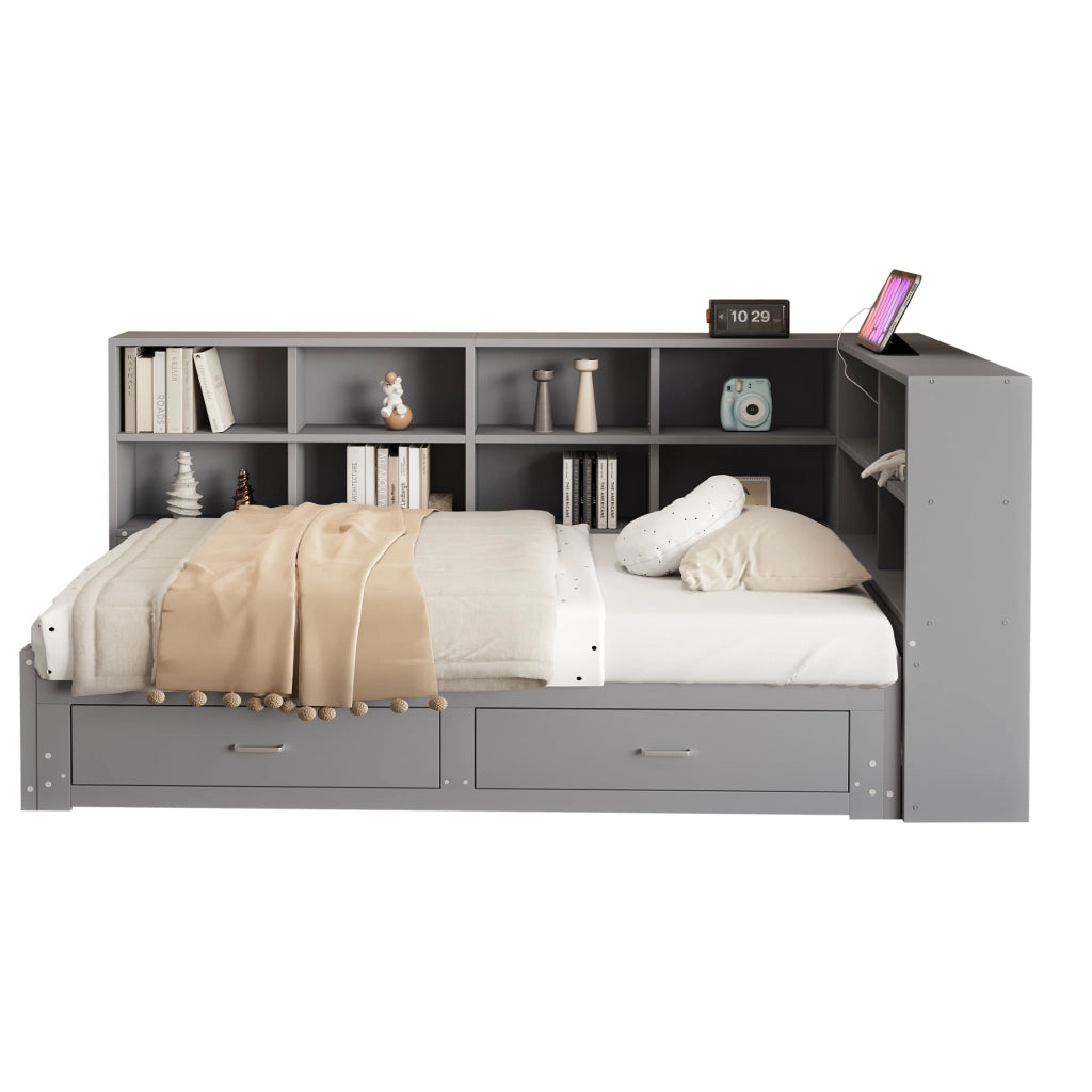 Letto estraibile singolo 90/180×190 cm con vani; cassetti e presa multiuso; senza materasso; legno; grigio
