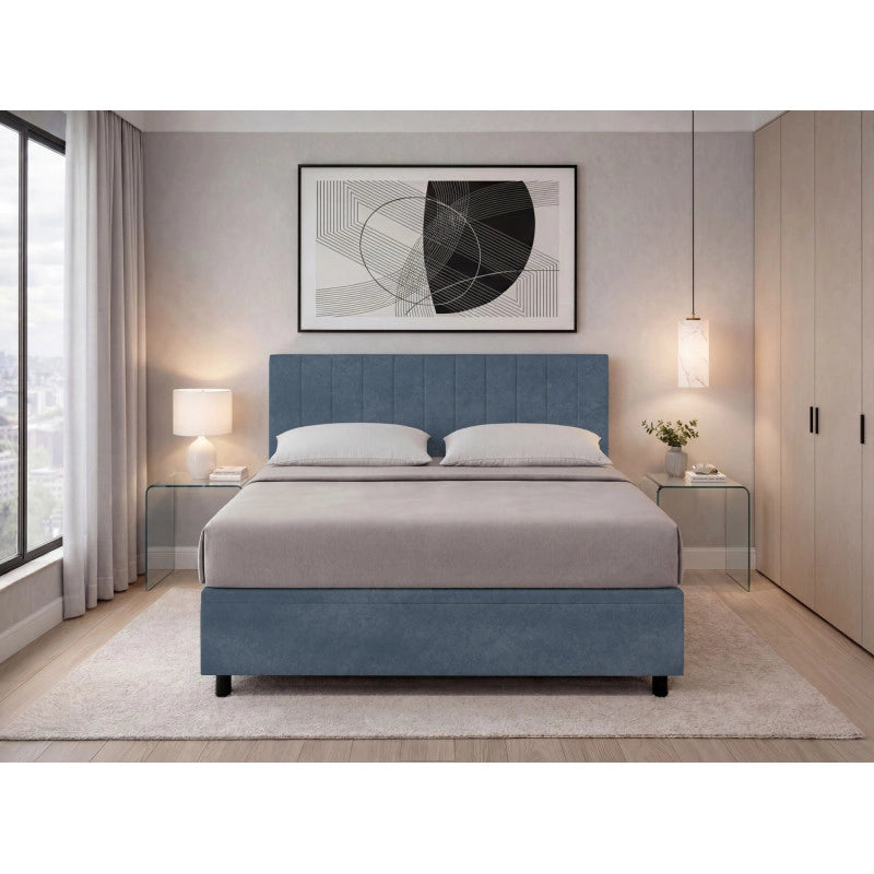 Letto imbottito Matrimoniale 160x200 cm Vertical - Contenitore,Microfibra,Blu