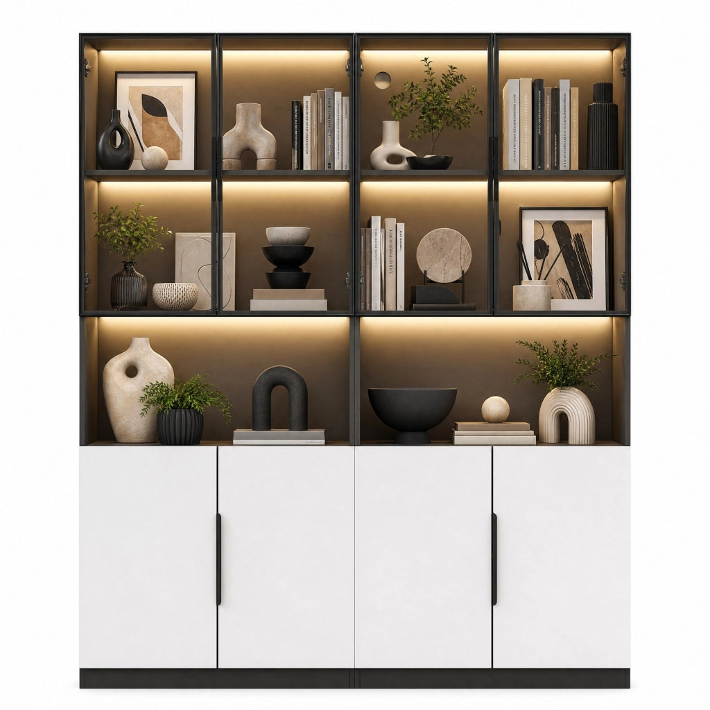 Vetrina alta in legno 80x30x200 cm bianca e nera con LED e contenitore