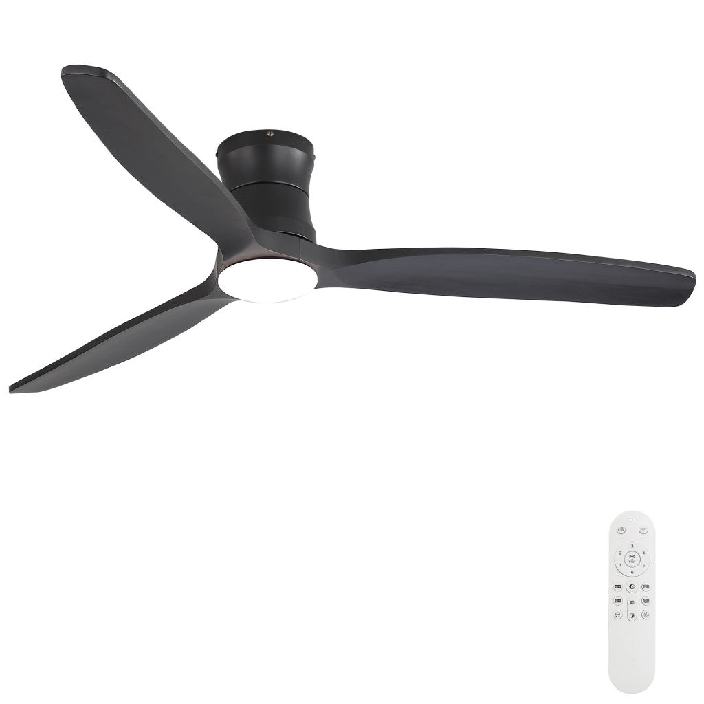 Ventilatore da soffitto a profilo basso con luce LED dimmerabile; motore DC reversibile e telecomando a 6 velocità