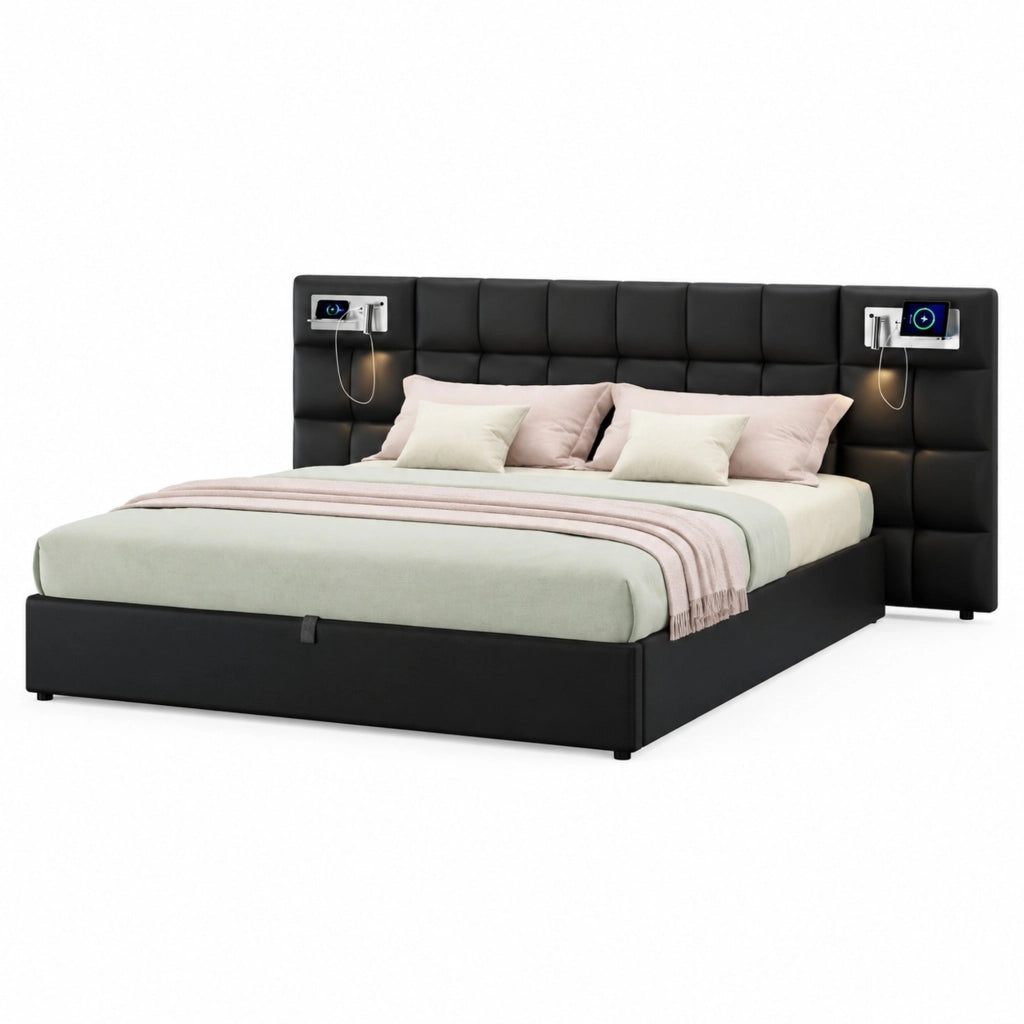 Letto imbottito 180x200 cm con contenitore idraulico, USB e ricarica wireless in PU nero
