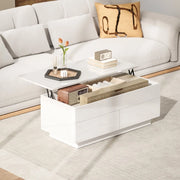 Tavolino basso alzabile con vano nascosto e 2 cassetti in legno e metallo bianco lucido 102 × 48 × 40 cm