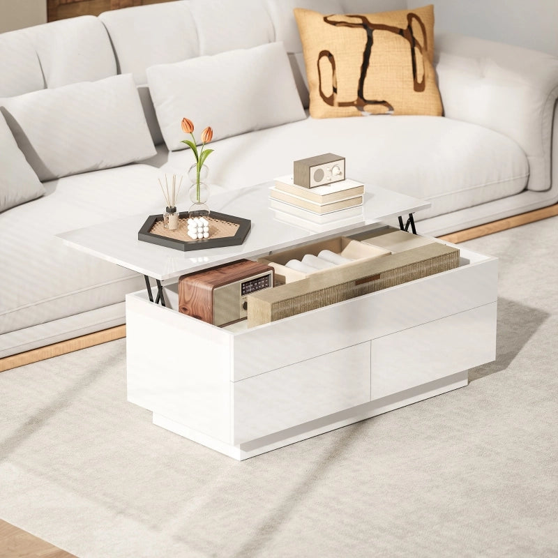 Tavolino basso alzabile con vano nascosto e 2 cassetti in legno e metallo bianco lucido 102 × 48 × 40 cm