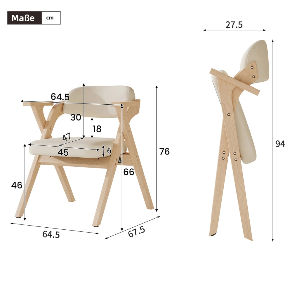 Set di 2 sedie da pranzo pieghevoli in legno massello e lino beige con braccioli
