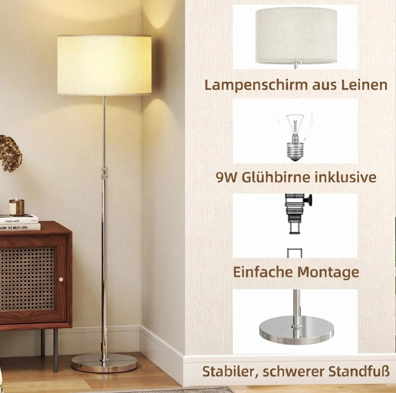 Lampada da terra regolabile con telecomando, paralume in tessuto beige, struttura in metallo, dimmer e interruttore a pedale