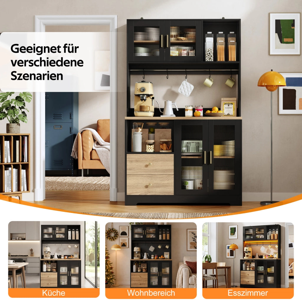 Mobile colonna da cucina con 4 ante in vetro; LED RGB; prese e USB; piano di lavoro; nero 110 × 40 × 178 cm