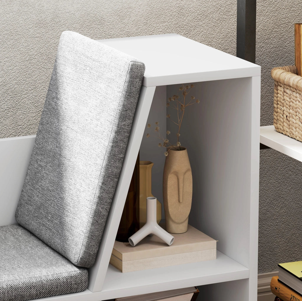 Libreria 105x30x63 cm in truciolare bianco con cuscino salvaspazio