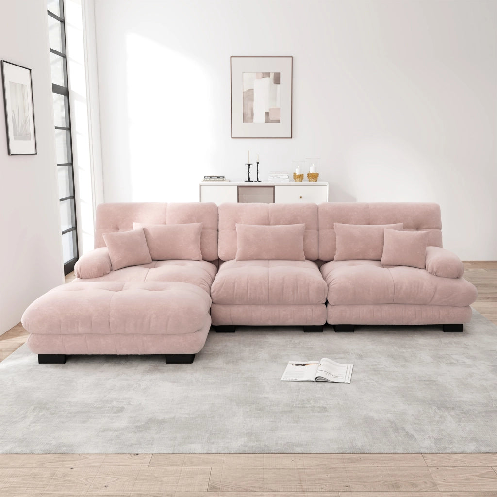 Divano modulare in chenille rosa con ottomani mobili configurabile ad angolo; lineare o a U con seduta profonda