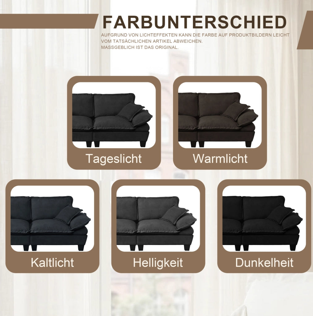 Divano modulare Cloud in Chenille nero con portariviste, porta bicchieri, USB, 2 pouf e 2 cuscini, 224x155x90 cm