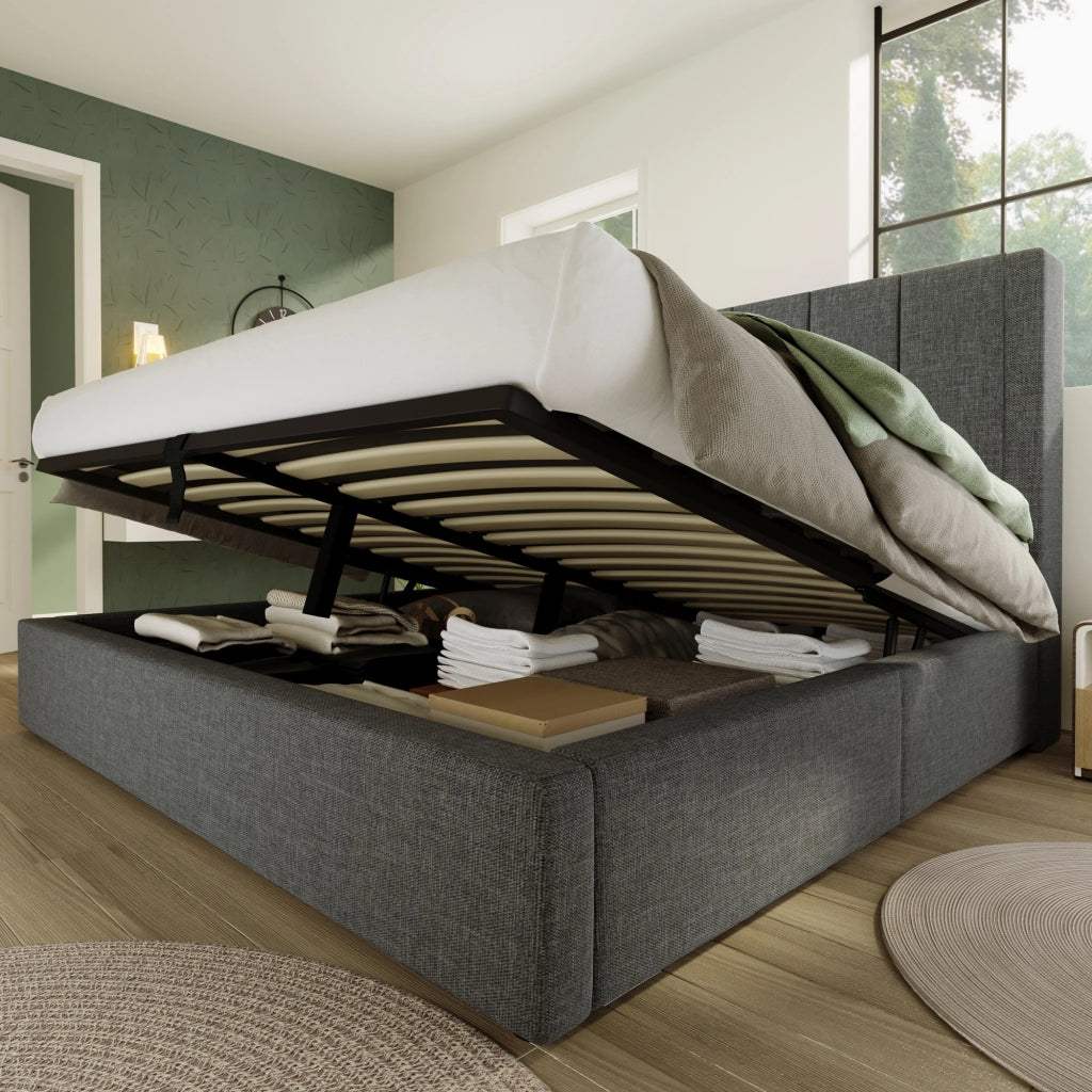 Letto matrimoniale 160 × 200 cm con contenitore idraulico testiera in lino grigio con USB Type-C e materasso incluso