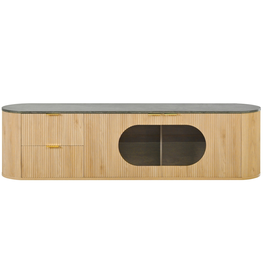 Mobile TV in MDF effetto legno naturale con ante 3D verticali e vetrina ovale in vetro grigio, 172x38x45,5 cm