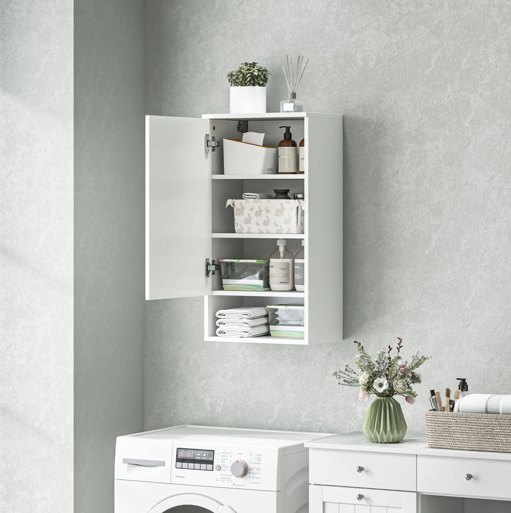 Mobile bagno sospeso ULEVR con vano chiuso, ripiano aperto e 2 ripiani regolabili, bianco