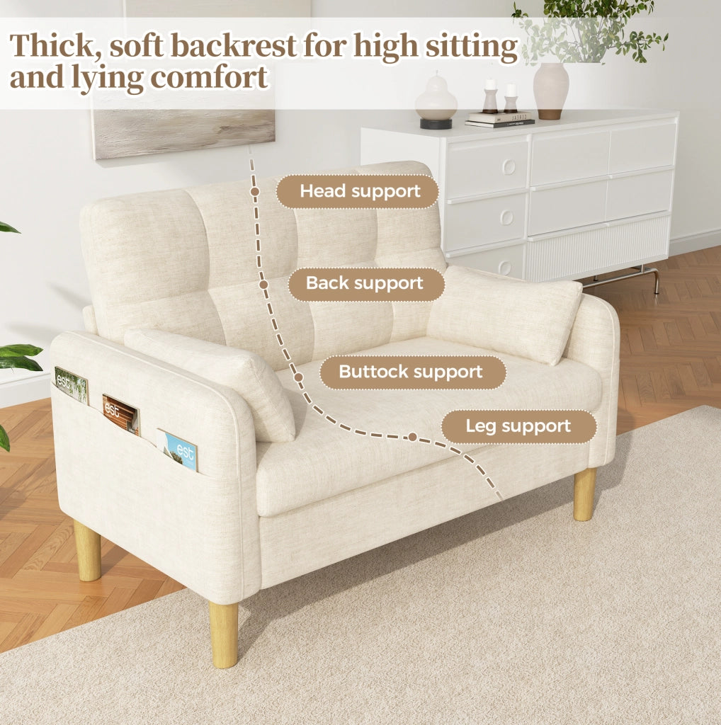 Divano a 2 posti moderno in tessuto chenille beige con cuscini e tasca laterale, 119x78x85 cm
