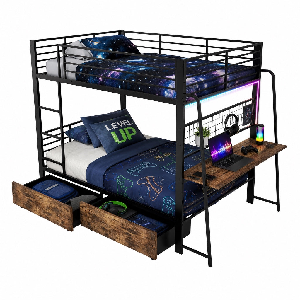 Letto a soppalco 140 × 200 cm con scrivania prese USB Type-C LED RGB e cassetti in metallo e MDF nero