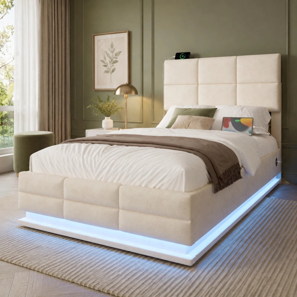 Letto matrimoniale 90x200 cm in velluto beige con LED; USB e contenitore