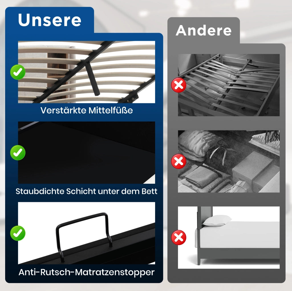 Letto imbottito 90 x 200 cm con ricarica wireless, USB-C e contenitore