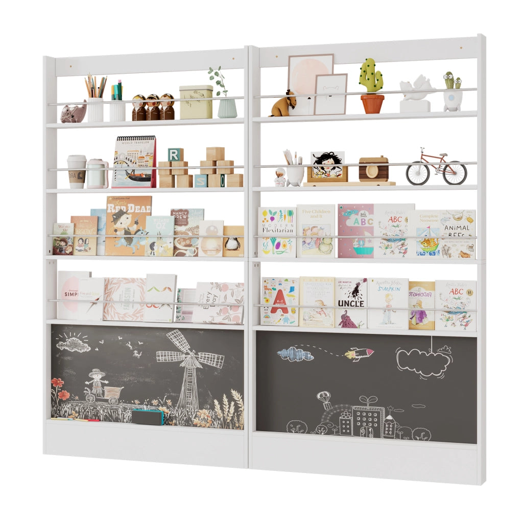 Set 2 librerie per bambini 200x10x180 cm bianche in MDF, 4 ripiani e lavagna