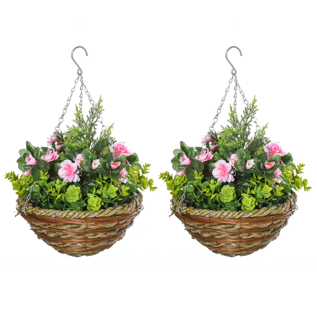 Set 2 Piante Finte di Lisianthus con Vaso e Gancio, Piante Artificiali in PE e Vimini, ?25x34 cm, Verde e Rosa