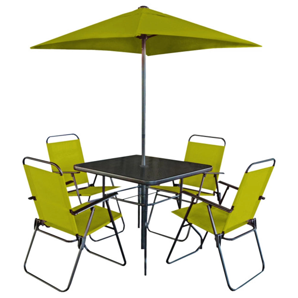 Set da Pranzo 6 Pezzi per Giardino Patio con Ombrellone 4 Sedie Pieghevoli Verde