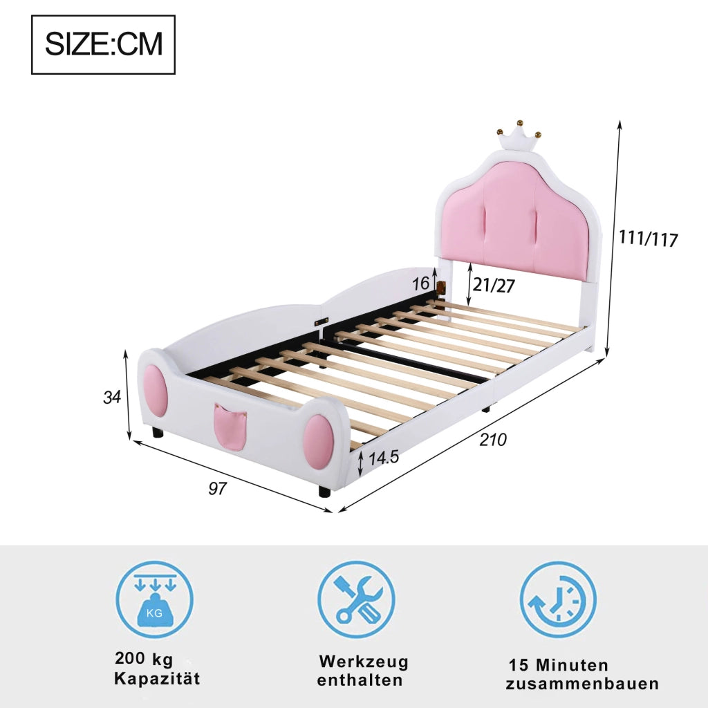 Letto singolo 90 × 200 cm imbottito con testiera a corona in similpelle bianca e rosa con rete a doghe
