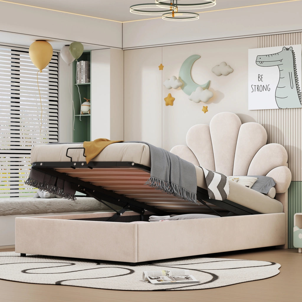 Letto singolo con contenitore 90 × 200 cm imbottito in velluto beige con testiera floreale e rete a doghe