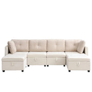 Divano modulare a U 6 moduli con contenitore e cuscini; in velluto e corduroy beige