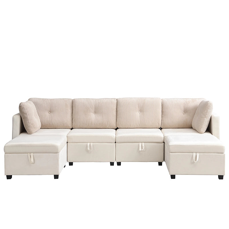 Divano modulare a U 6 moduli con contenitore e cuscini; in velluto e corduroy beige