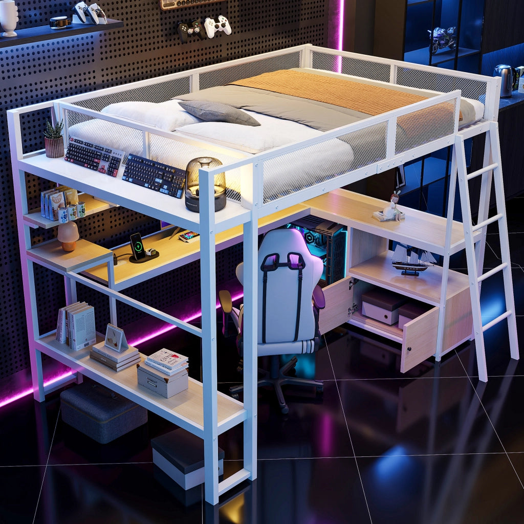Letto a soppalco 140 × 200 cm con scrivania; LED; stazione di ricarica; scaffali e armadio in metallo e MDF bianco