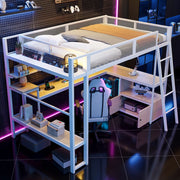 Letto a soppalco 140 × 200 cm con scrivania; LED; stazione di ricarica; scaffali e armadio in metallo e MDF bianco