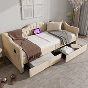 Letto singolo con due cassetti 90 × 200 cm con porte USB e Type-C rivestito in velluto beige senza materasso