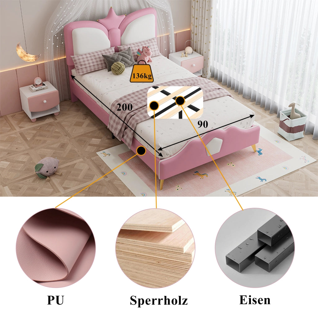 Letto singolo 90 × 200 cm con testiera a corona morbida in PU rosa e bianco