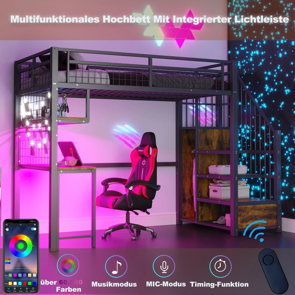 Letto a soppalco 90 × 200 cm con scrivania ripiani LED prese scala contenitore armadio in metallo nero
