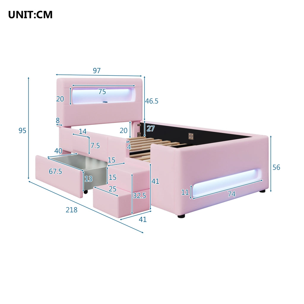 Letto singolo imbottito 90 × 200 cm con scala, cassetto su ruote e LED regolabile, senza materasso, rosa in PU