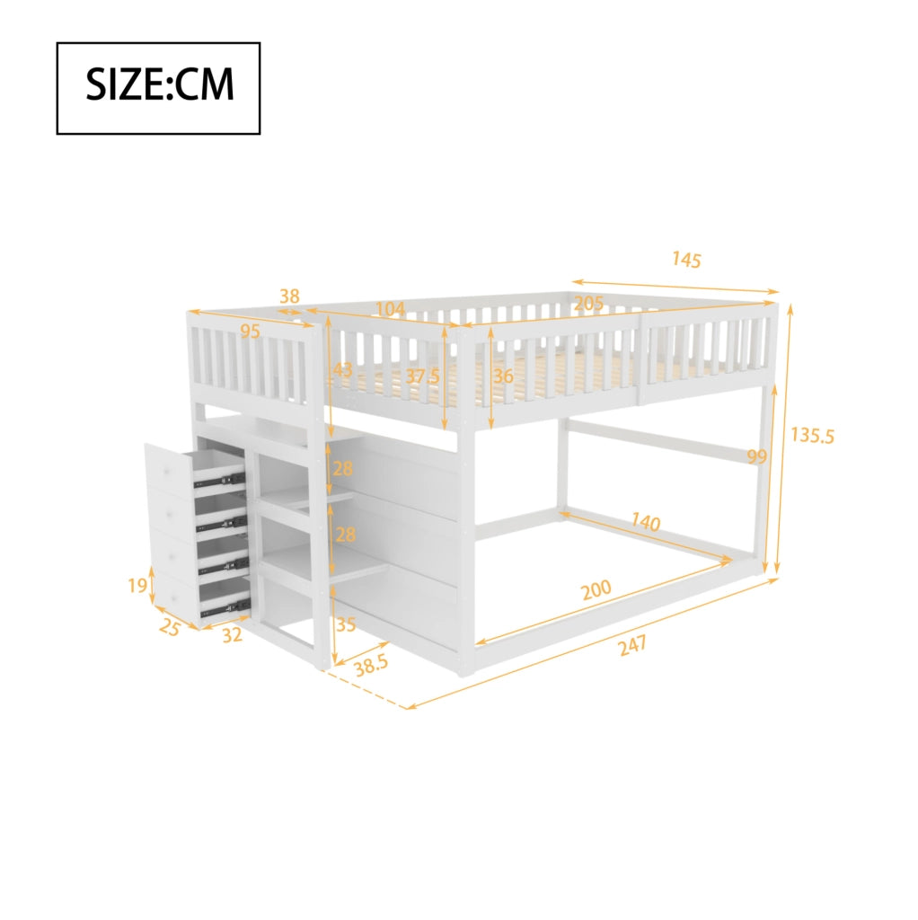 Letto a castello basso 140 x 200 cm con scala contenitore