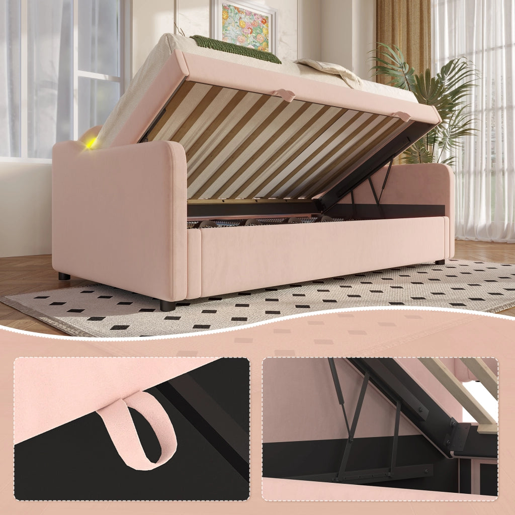 Letto contenitore singolo 90×200 cm con LED e vano portaoggetti; senza materasso; velluto; rosa
