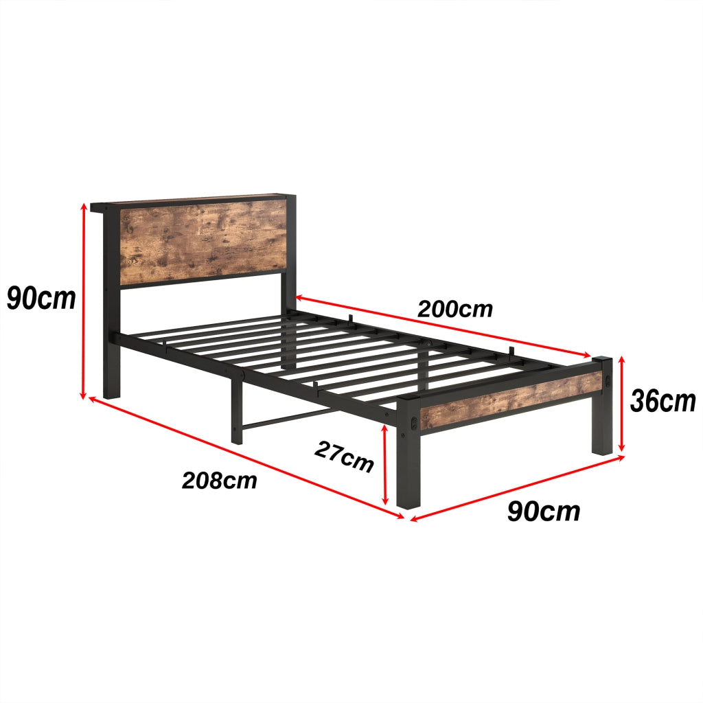 Letto singolo 90 × 200 cm con testiera e pediera in MDF e metallo marrone antico con spazio sottoletto 27 cm
