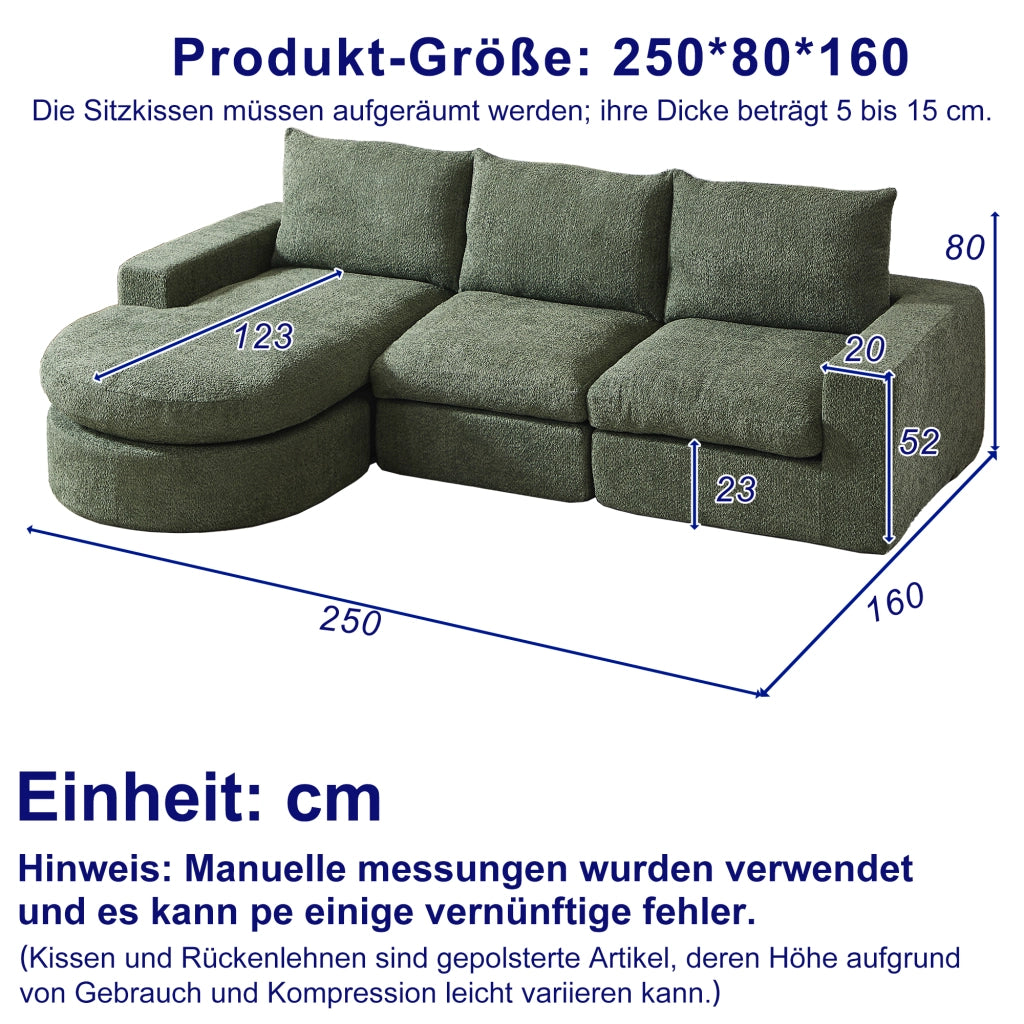 Divano angolare modulare in ciniglia verde con chaise longue reversibile e cuscini 251 × 160 × 81 cm