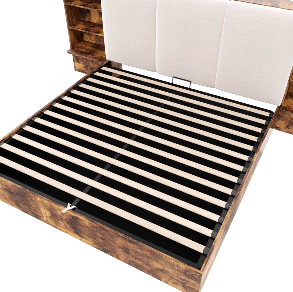 LETTO Contenitore 180x200 cm con Testiera Imbottita, 6 Vani e LED Marrone