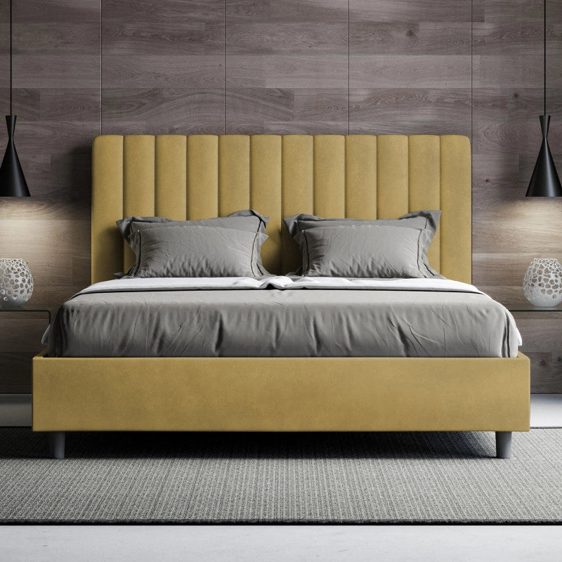 Letto imbottito Piazza e mezzo 130x210 cm Agueda - Con rete,Microfibra,Ocra