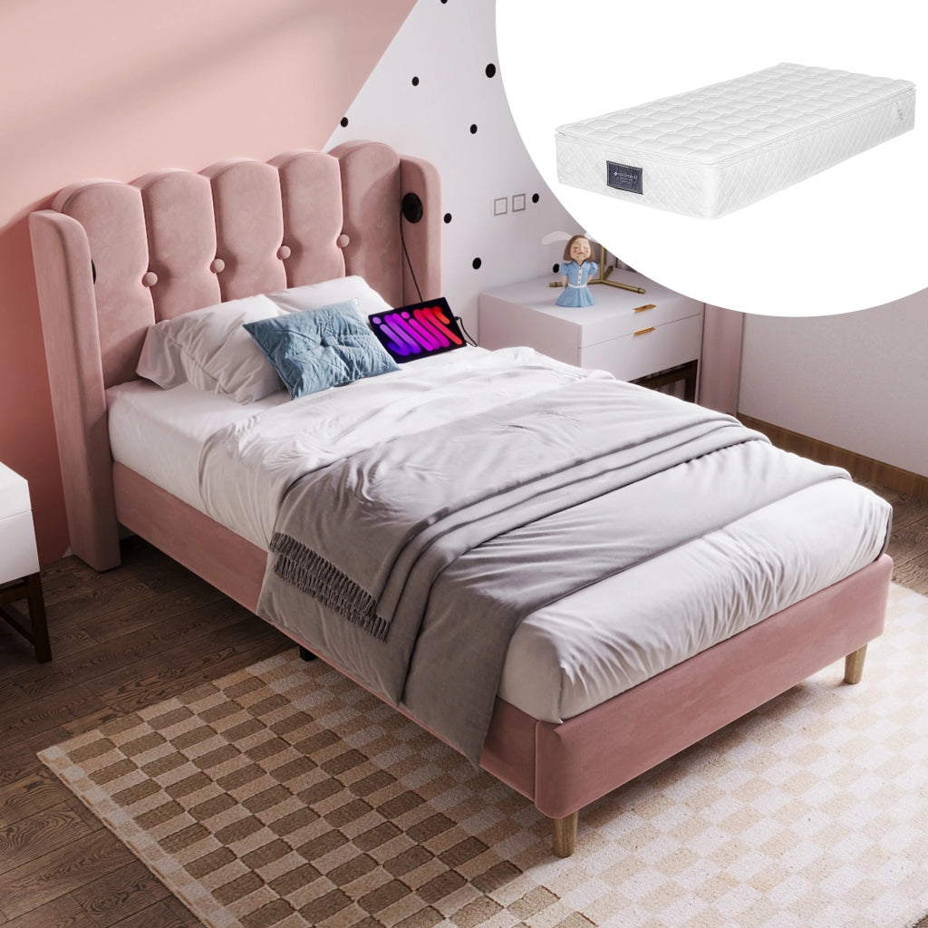 Letto singolo imbottito in velluto 90x200 cm con ricarica USB Type-C e rete a doghe, per camera da letto e ospiti - Rosa (Con materasso)